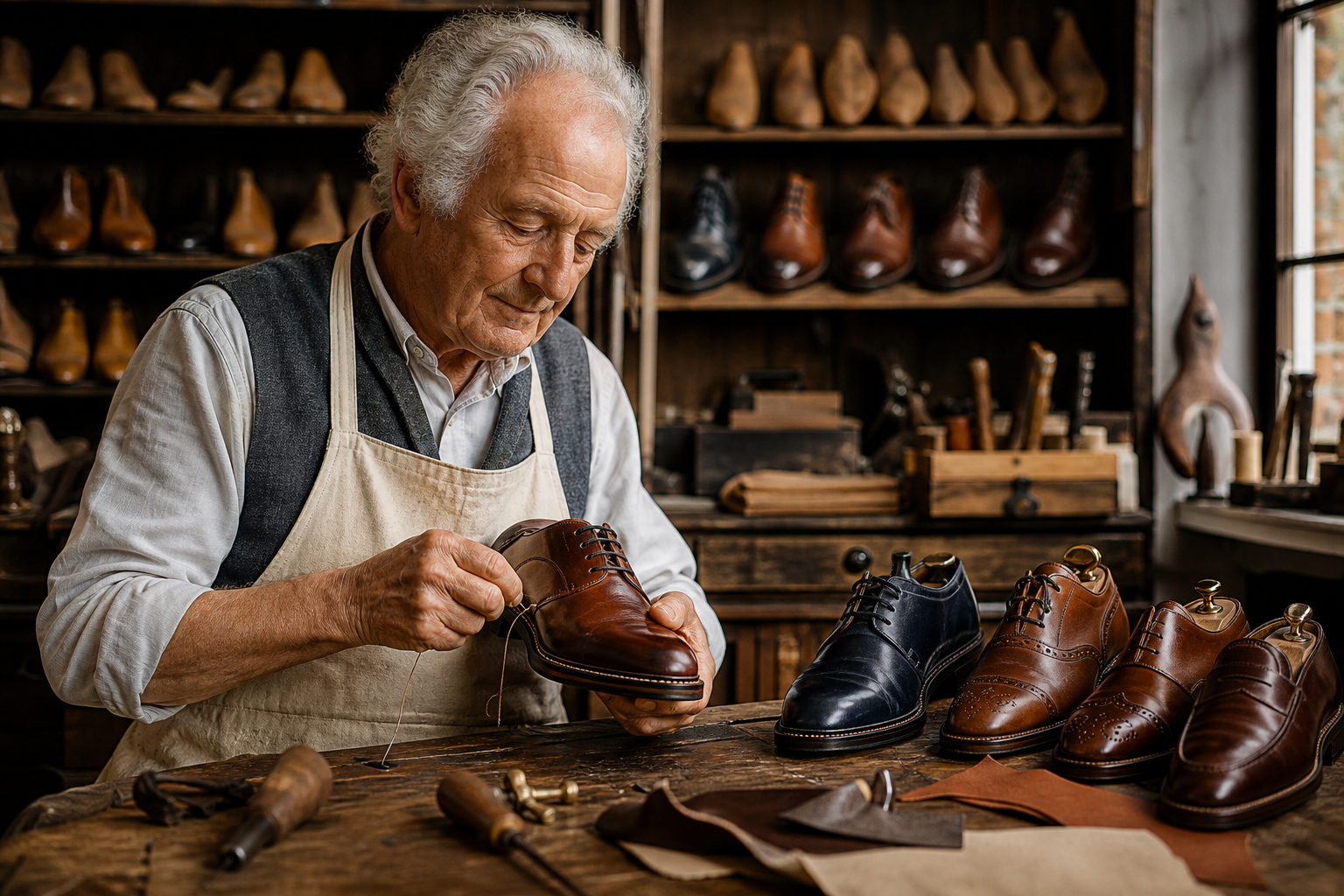 Master cobbler hand-stitching classic leather shoes at the bench